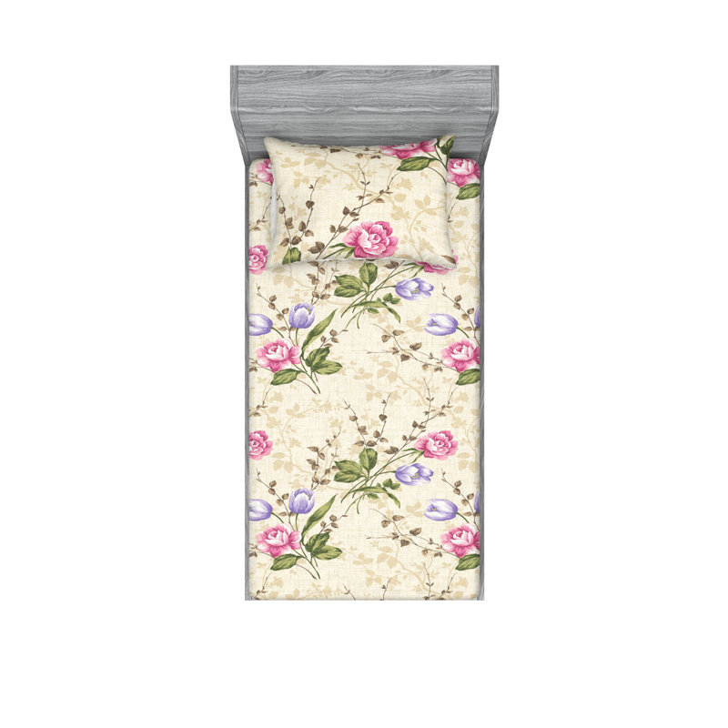 Drap-housse et taies décoratives 3 pièces Ambesonne, Chameau pâle, rose pâle / floral