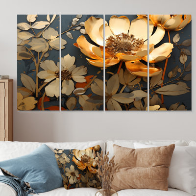 Ensemble d'art mural doré 4 pièces "Golden Poppy Meadows I"