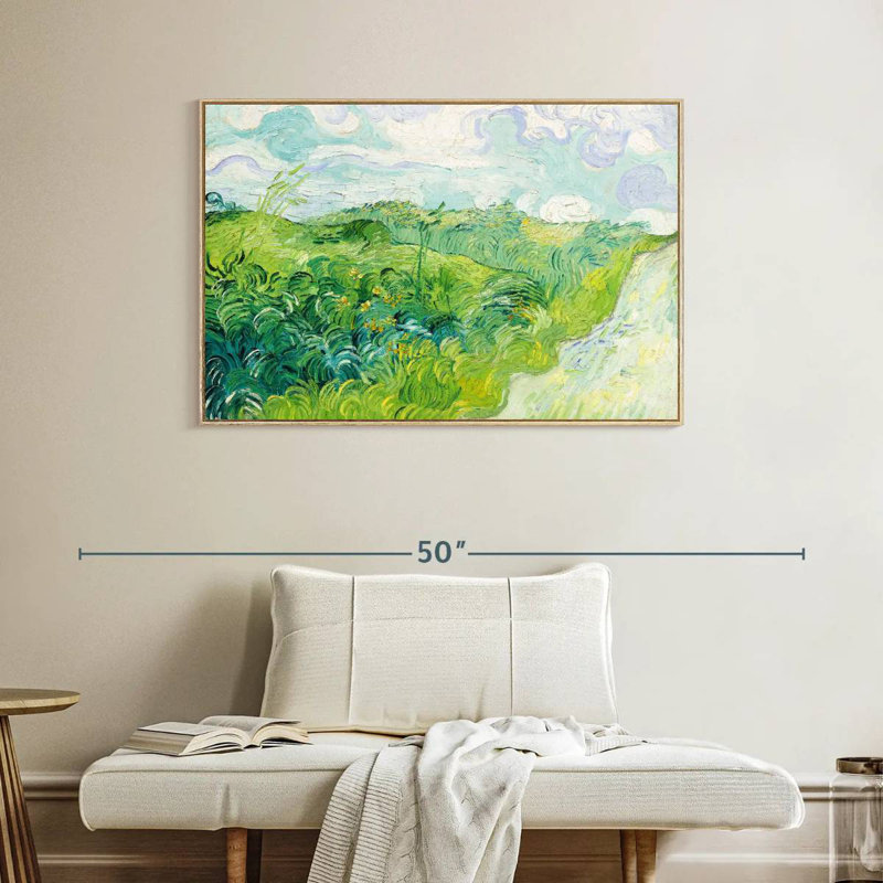 Champ de blé vert Auvers, 40 po x 27 po, Cadre flottant en bois naturel