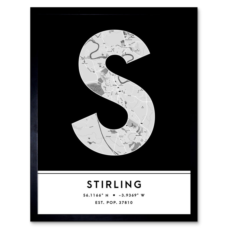 Stirling City Map Stirling Black & White by Wee Blue Coo - Single Picture Frame Typography