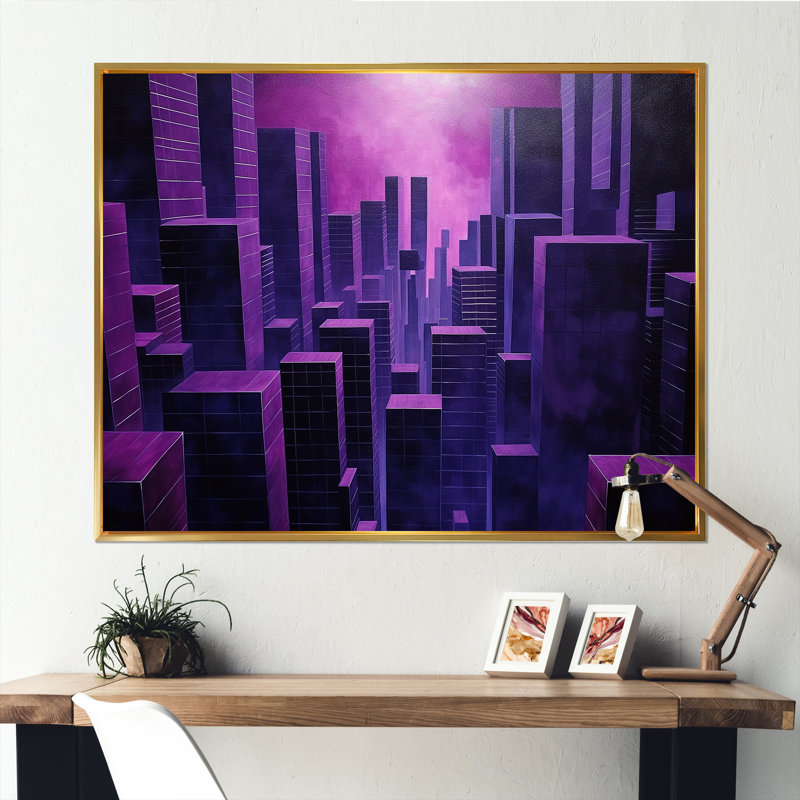 «Orchid Obsidian Sckycraper Horizon» sur toile, Cadre flottant doré, H 16 po x l 32 po x P 1 po