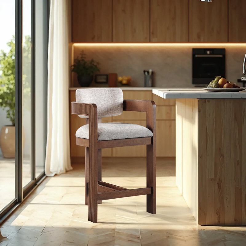 Tabouret rembourré Sacha Howley, Beige, Texture de lin, Brun