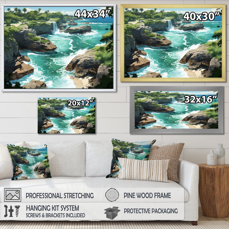 Vue aérienne côtière de l'île, sérénité, art mural tropical côtier, Toile tendue, H 34 po x l 44 po x P 1,5 po