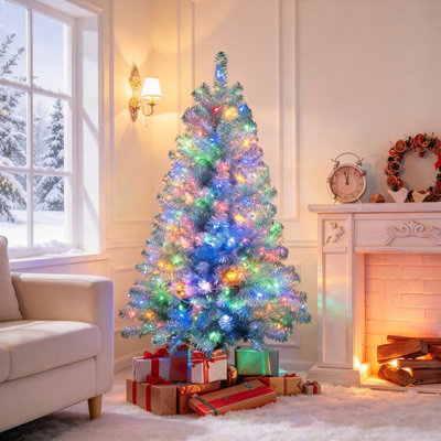 4FT Pre-Lit Silver Tinsel Artificial Christmas Tree, Hinged Branches with Metal Stand, 400 Branch Tips, 150 LED Lights, 11 Lighting Modes, Indoor Outdoor Holiday Xmas Decor Tree