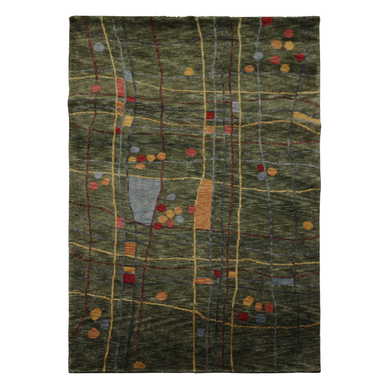 Tapis vert tibétain en laine noué à la main 4 pi 2 po x 5 pi 10 po