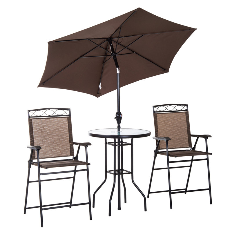 4 Piece Outdoor Patio Dining Furniture Set, 2 Folding Chairs, Adjustable Angle Umbrella, Wave Textured Tempered Glass Dinner Table