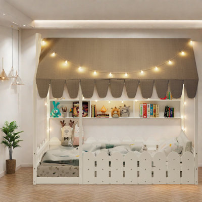 Lit de sol pour enfants Montessori, structure en bois massif, style blanc rustique, rangement à la maison