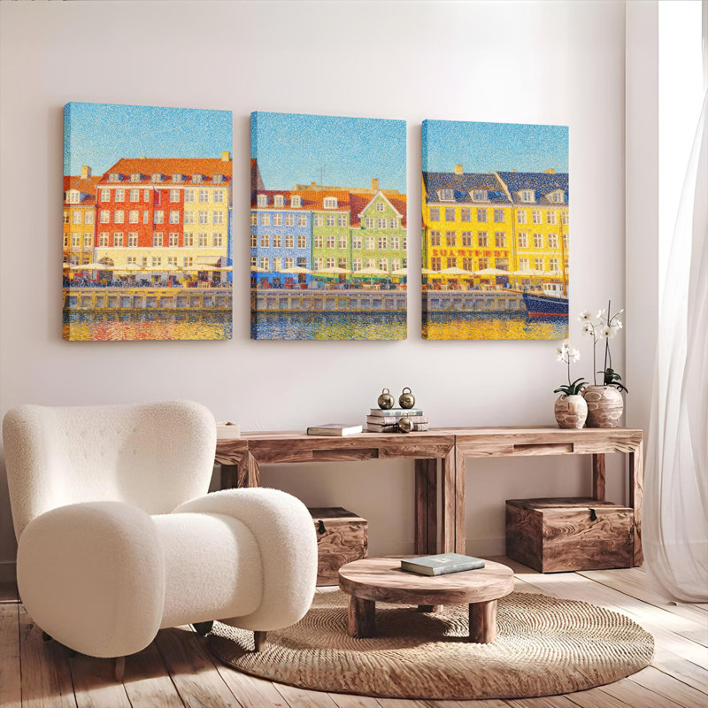 Ensemble de 3 tableaux sur toile représentant des paysages urbains scandinaves colorés, H 30 po x l 60 po