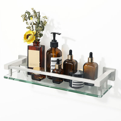 Tablette de salle de bain en verre, tablettes en verre trempé nickel brossé pour salle de bain, tablettes murales flottantes modernes en acier inoxydable, 16 po