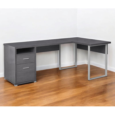 47" Gray and Silver L Shape Computer Desk With Two Drawers