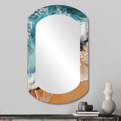 Miah Tropical beach aerial view III - Beach Asymmetrical Wall Mirror, Blue Cylinder Decorative Mirror, Printed Metal Art