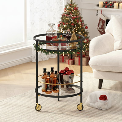 Luna Modern Round Bar Cart With Tempered Glass Shelves And Metal Accents