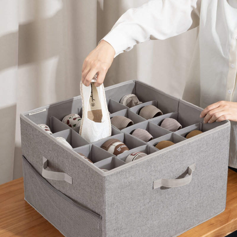 Fabric Shoe Storage Box with Adjustable Dividers and Lid, 16-Compartment Organizer for Shoes, Towels, Clothes, Toys, Gray