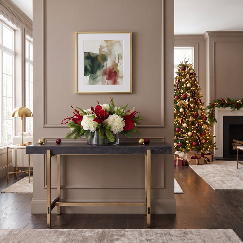 Holiday Floral Arrangement with Hydrangeas, Evergreen and Berries