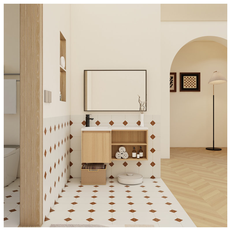 Meuble-lavabo de coin flottant en forme de L 36 po avec lavabo en résine intégré, chêne clair et unité murale blanche moderne