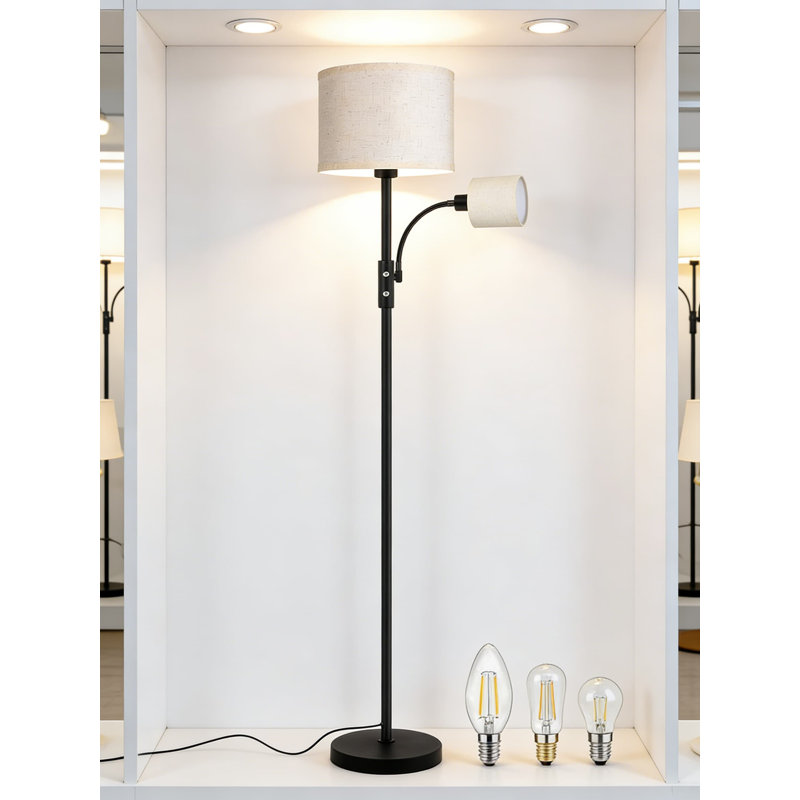 Modern Floor Lamp With Dual Lampshades, 62-Inch Standing Lamp For Living Room, Bedroom, Or Office, Compatible With E26/E12 Bulbs And Smart Home Devices