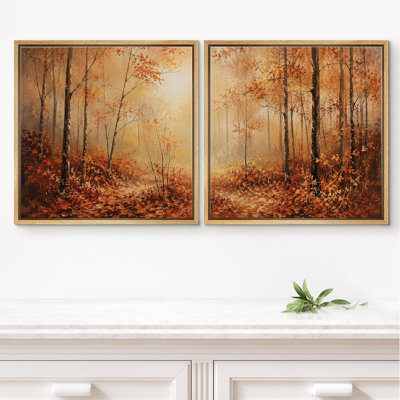 Sunlit Autumn Woodland Trail With Warm Orange Leaves And Rustic Charm Framed Canvas Master Bedroom Wall Art Work 2 Pieces Print Set