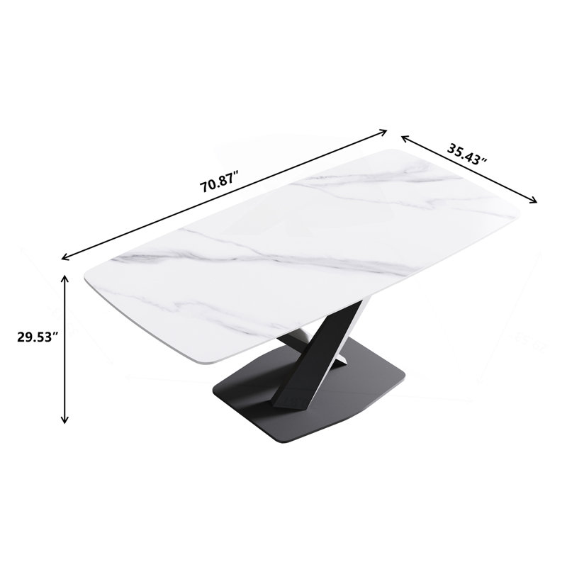 Table de salle à manger 70,87 "en pierre artificielle moderne avec pieds courbés en métal noir et blanc pouvant accueillir 6 à 8 personnes