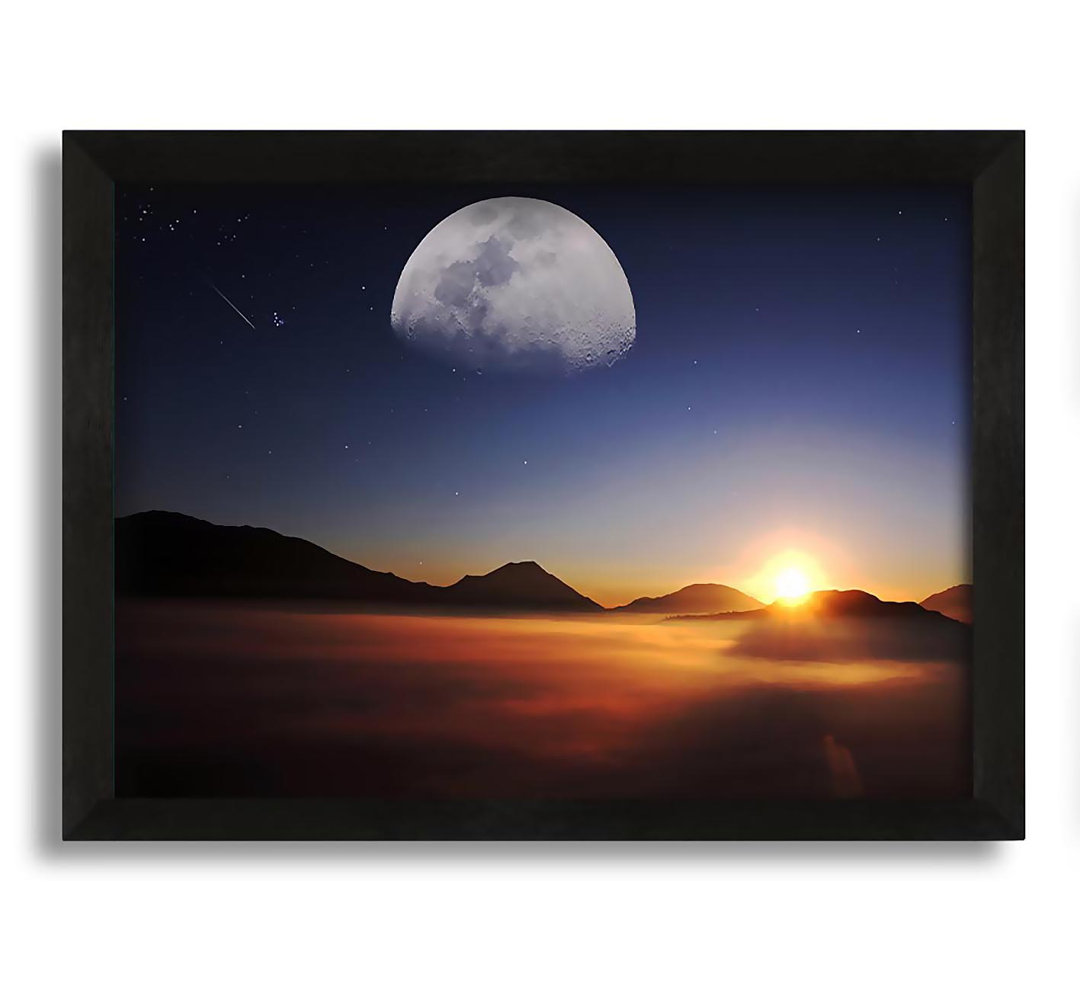 Gerahmtes Leinwandbild Moon Above the Mountain Sunset