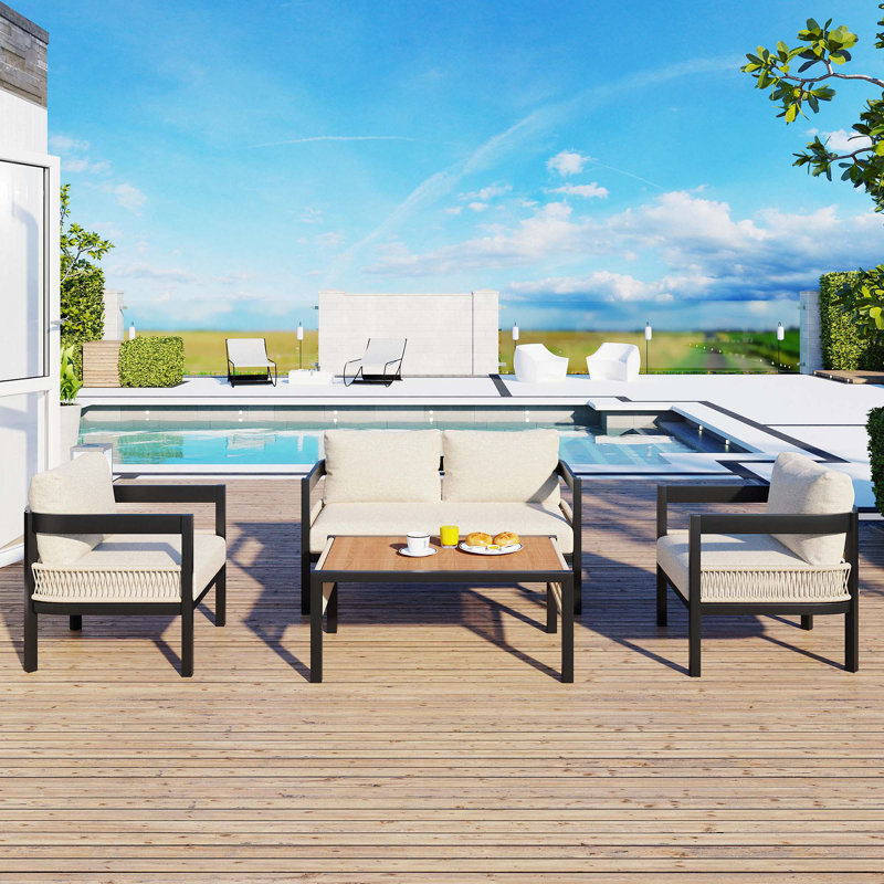Multi-Person Outdoor Iron Sofa Set With 1 Table, Beige