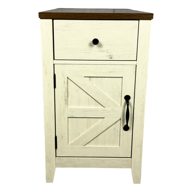Table de chevet avec rangement et fonction de charge, brun blanc, pour la chambre à coucher, porte de grange de table de bout de salon, style moderne