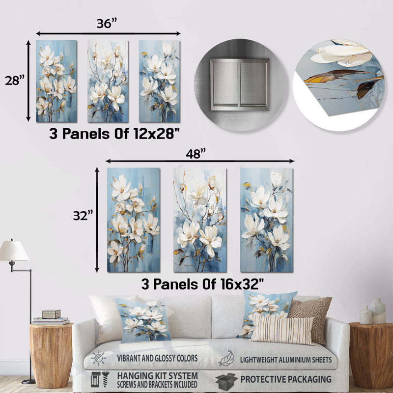 Blanc et bleu «Magnolias Blossom - Magnolias», ensemble de 3 reproductions d'art en métal, H 32 po x l 48 po
