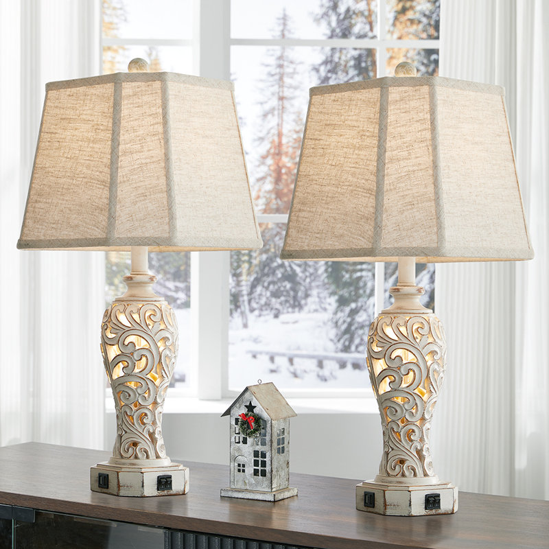 Hettel 24.5" Resin Carved Table Lamp Set With Night Light And USB Ports