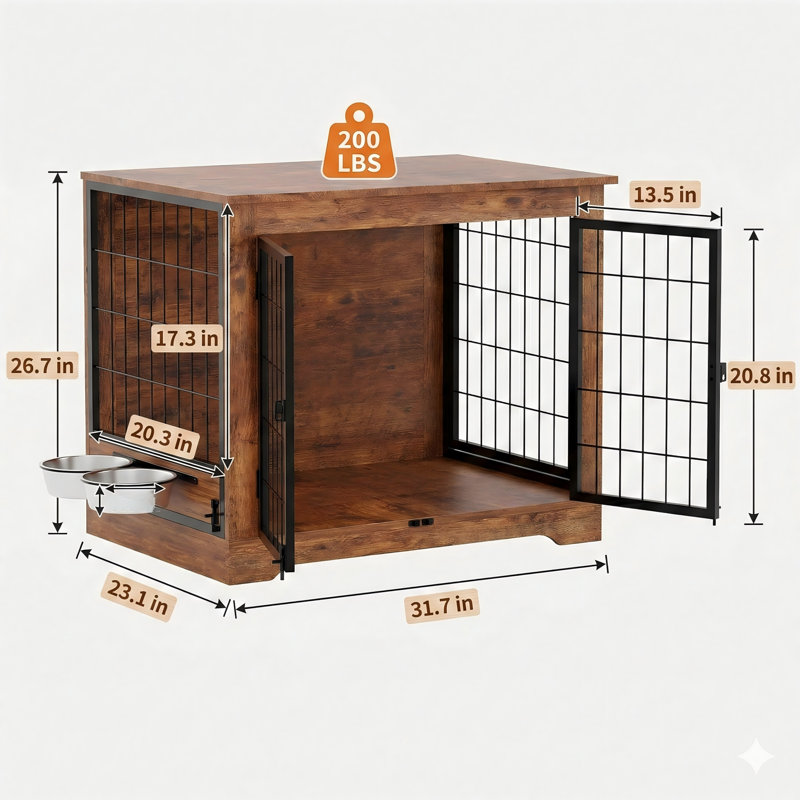 Niche en bois de 81 cm de long avec double porte, Ã©quipÃ©e de gamelles surÃ©levÃ©es pivotantes Ã  360 degrÃ©s et rÃ©glables, conÃ§ue comme une table d'appoint d'intÃ©rieur avec plateau de rangement pour chiens de grande et moyenne taille