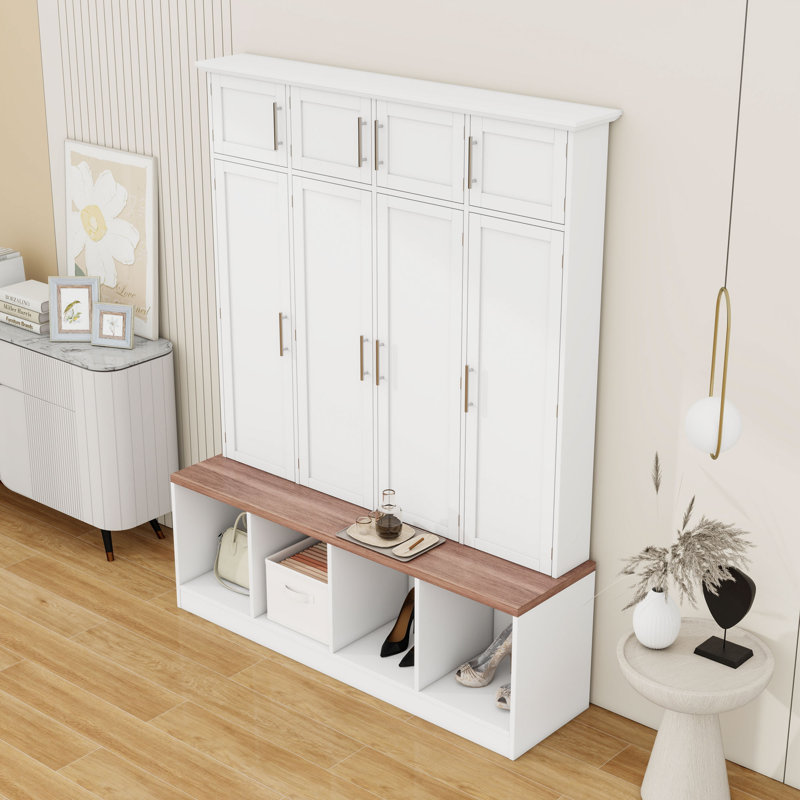 4-in-1 Hall Tree with 4 Hidden Hanging Hooks, Seating Bench and Doors, White