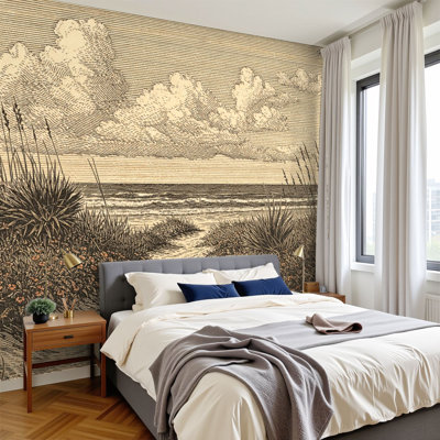 Papier peint adhésif rustique, paysage côtier, plage, lever de soleil, fleurs bleues, fleurs bleues, fleurs murales, H 100 po x l 144 po, papier peint amovible en PVC, adhésif mural pour chambre à coucher, bureau à domicile