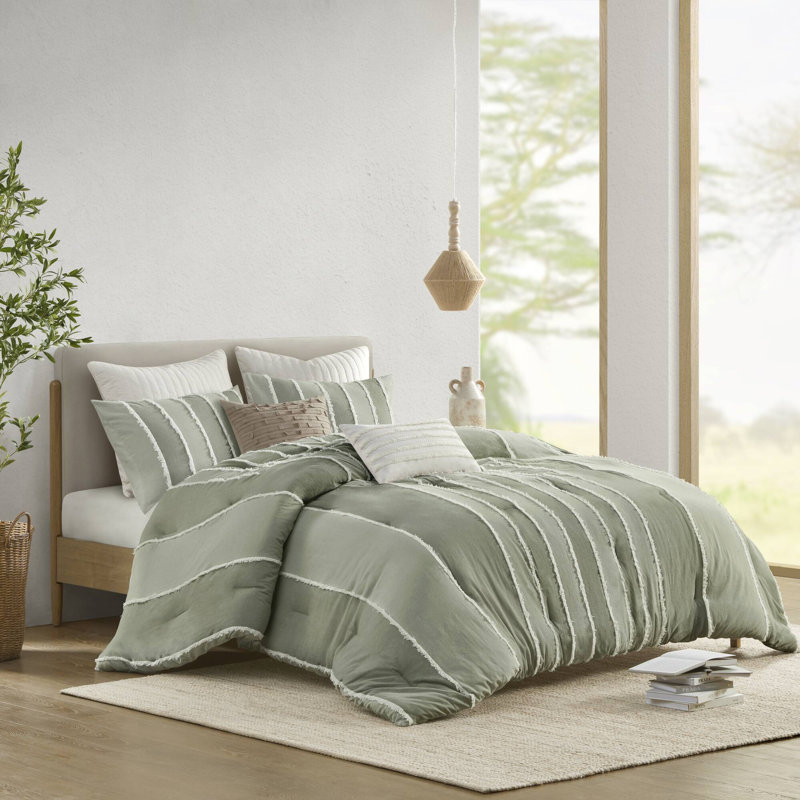 Ensemble d'édredon en coton 3 pièces Shay, Édredon double / grand + 2 taies décoratives sta, Sauge