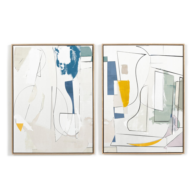 Large Abstract Watercolor Canvas Diptych with White Oak Frame
