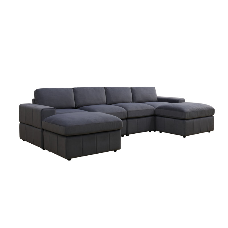 104" Wide 5- Piece Premium Fabric Reversible Modular Living Room Sofa With Ottomans, Dark Gray Microfiber/Microsuede