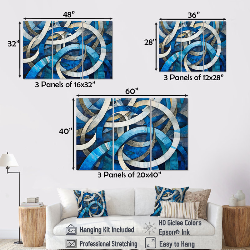 «Blue and White Whirling Rings II», ensemble d'art mural abstrait, Toile tendue, H 32 po x l 48 po x P 1 po
