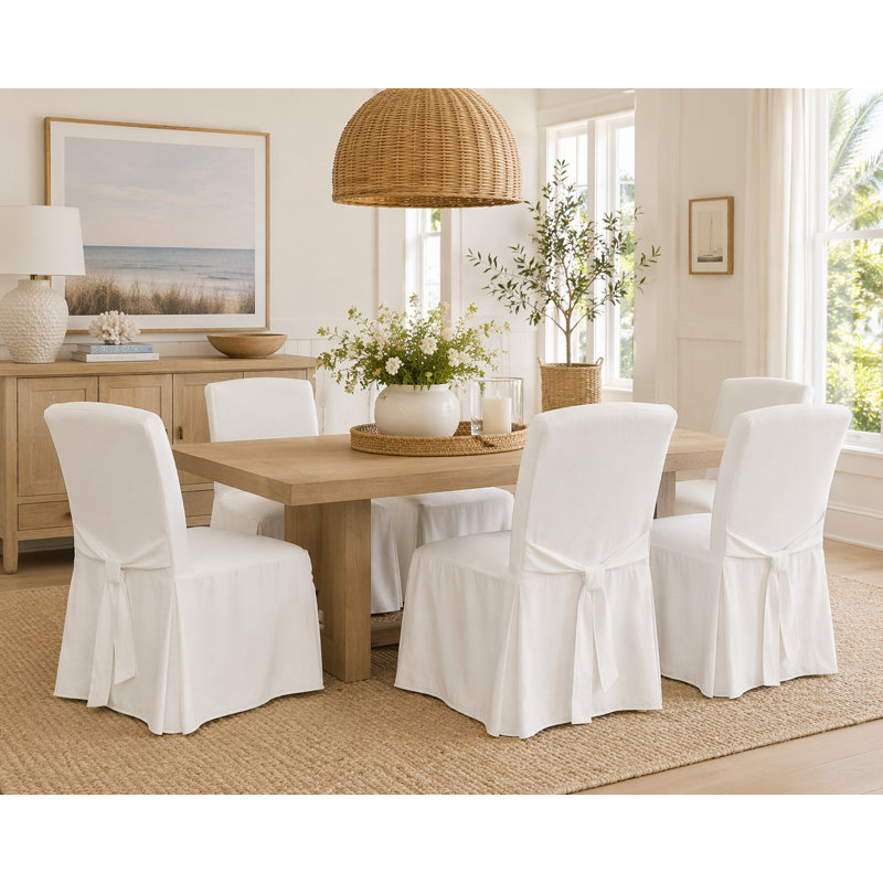 Cotton Dining Chair Slipcover Long, White Cotton