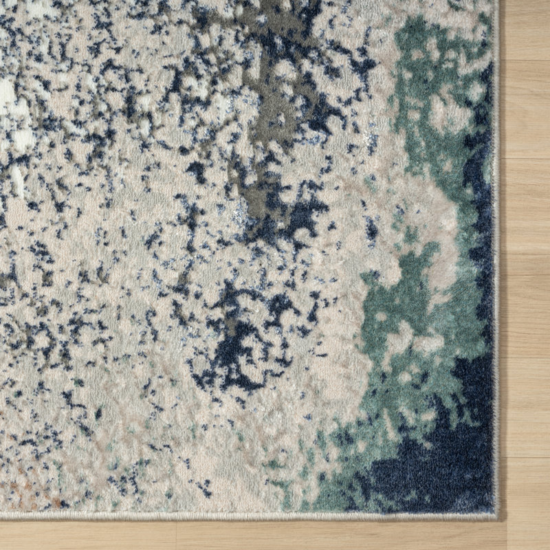 Ezra Abstract Performance Blue/Gray/Brown Area Rug, Rectangle 5' x 7'