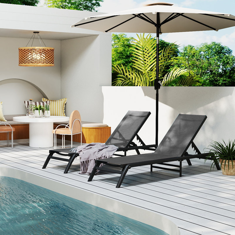 Set of 2 Aluminum Chaise Lounges, Foldable No Assembly, Lightweight Water-Resistant Patio Chairs, 400 lbs, Dark Grey-2 Pcs
