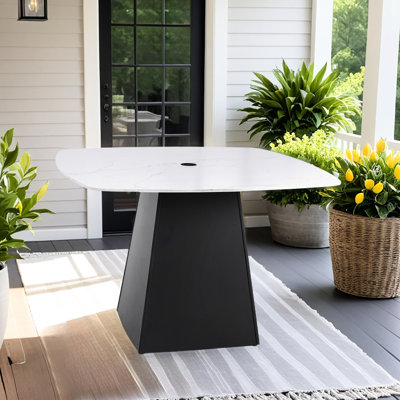 Table de patio d'extérieur moderne 44 po x 44 po, en pierre frittée, base rouille, noir braise, idéale pour les rassemblements Surface de pierre de salle à manger de 44 po, bord de piscine en aluminium évasé