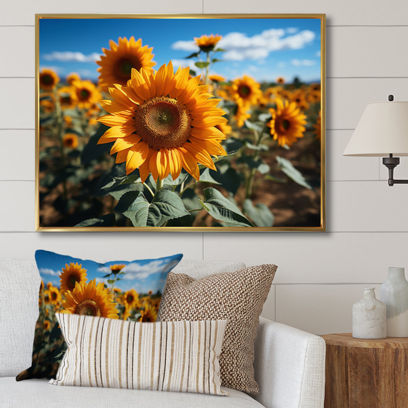 Tournesols jaune champ vibrant II, Cadre flottant doré, H 34 po x l 44 po x P 1,5 po