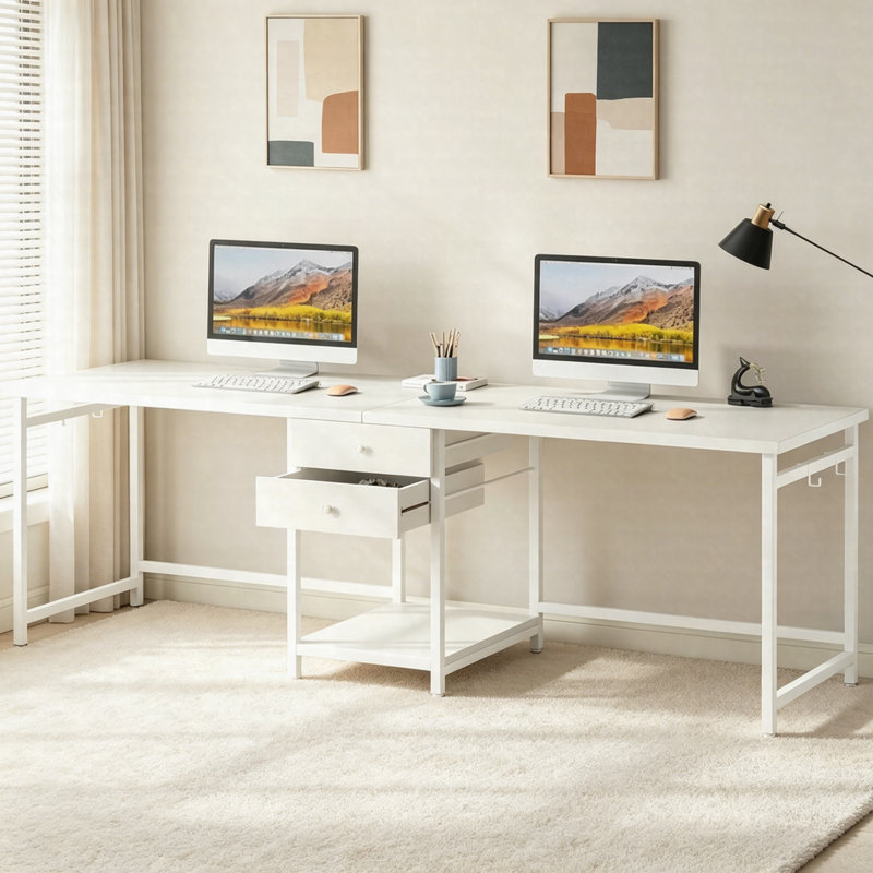 Industrial Two Person Desk 78", Double Computer Desk With Drawers & Storage Shelf, White