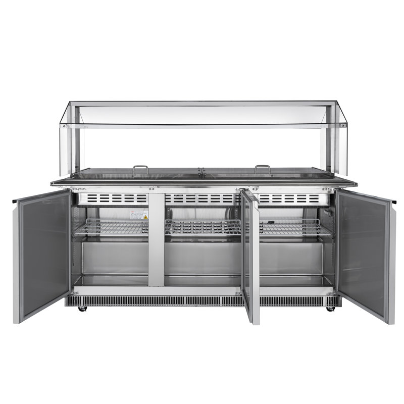 Station de préparation commerciale réfrigérée de 72 po avec protège-éternuement et glissade de buffet, capacité de 15 plaques (non incluses) et trois tablettes réglables en acier inoxydable, homologuée ETL (km-rbt-72csfg)