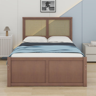 Wood Storage Platform Bed with 4 Drawers and Rattan Headboard