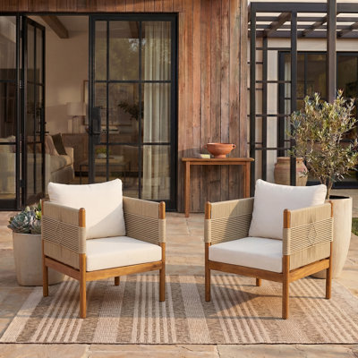 Ensemble de 2 fauteuils club d'extérieur avec corde beige à motif de losanges, finition teck