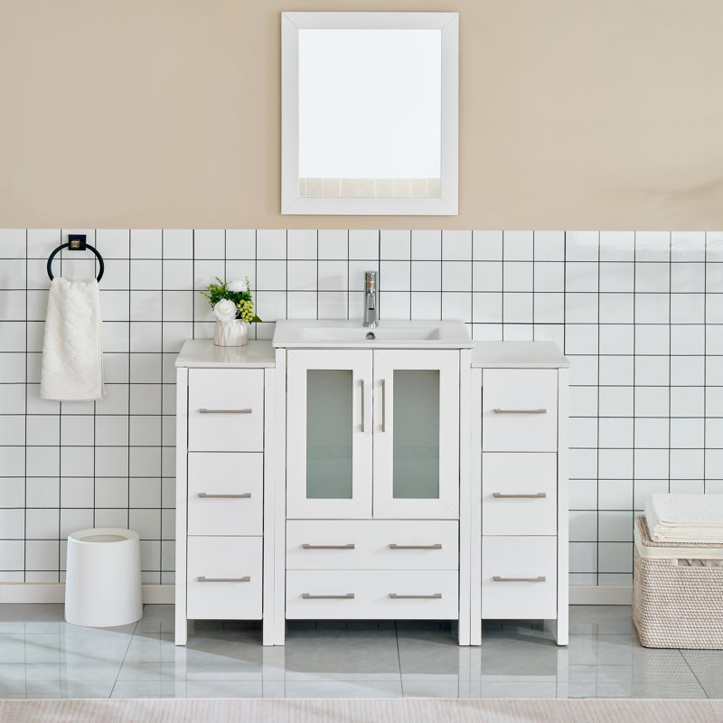 Brescia 48" Single Sink Freestanding Bathroom Vanity with Ceramic Top and Matching Mirror, White