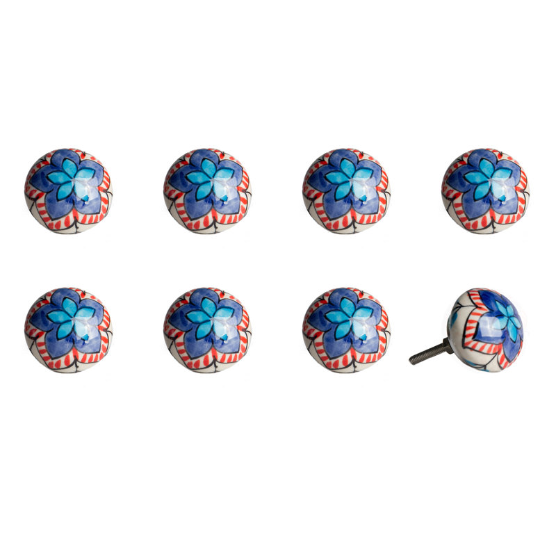 Ensemble de huit poignées de tiroir en céramique à motif floral bleu et blanc