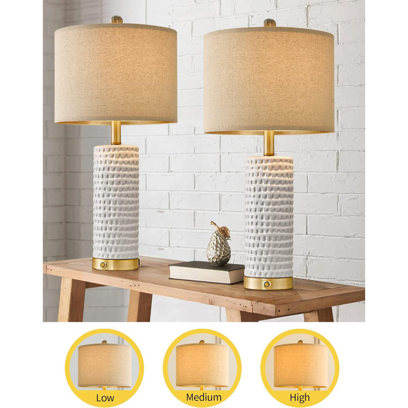 24" Farmhouse 3-Way Dimmable Touch Ceramic Table Lamp Set Of 2 For Bedroom Bedside Lamps With USB A+C Charging Ports For Living Room Nightstand Lamp End Table Lamps