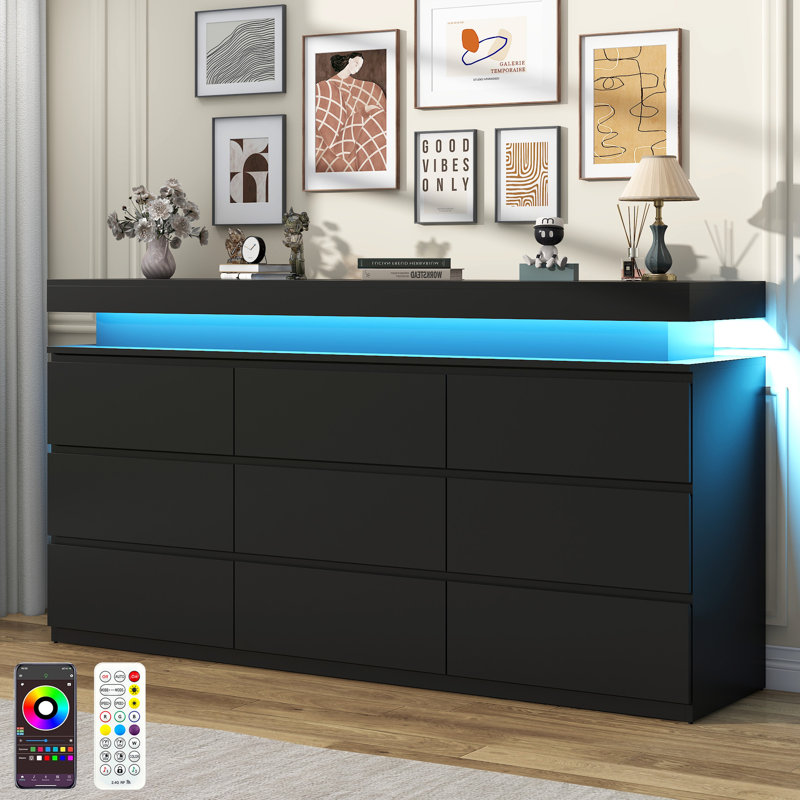 9-Drawer Modern Storage Dresser With Led Lighting, Wide Chest Of Drawers For Bedroom, Living Room & Entryway Organization