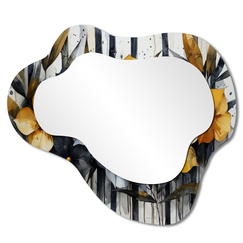 «Geometric Bambo Flowers Horizon», miroir mural en bambou asymétrique, miroir de coiffeuse traditionnel, imprimé sur métal