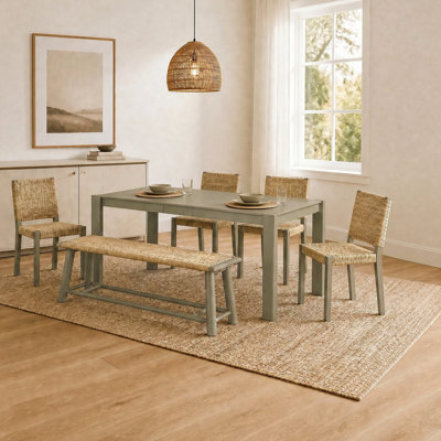 Ensemble de table de salle à manger extensible en bois 6 pièces pour 6, 59 "à 73" table de cuisine extensible avec 4 chaises de salle à manger en rotin et 1 banc, sièges tissés naturels, ensemble de mobilier de salle à manger de style campagne moderne