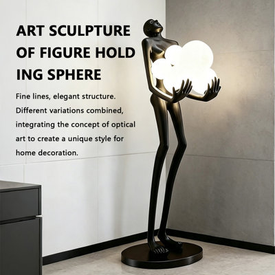 62.99" Black Modern Living Room Fiberglass Art Figure Holding Spheres Floor Lamp